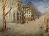 Early 20thC continental School. Figures on a tree lined boulevard with cathedral and buildings