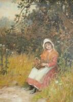 19thC School. Country maiden seated with basket of flowers