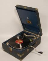 A HMV blue cased wind up portable gramophone.