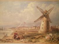 Anonymous (19thC school). Lytham c.1800 figures by the seashore with prominent windmill