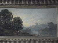 Anonymous (19thC School). Fisherman in a river landscape with wooded hill