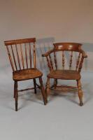 A smoker's bow chair and an elm stick back stamped Marsh Sleaford dining chair.