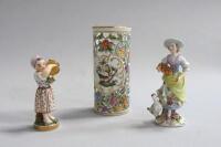 A Herend pierced sleeve vase and two Dresden porcelain figures