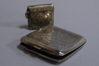 A chased silver cigarette case and plated vesta. (2)