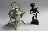 A Victorian EPBM spirit kettle on rustic stand and a Japanese bronze figure of a stork (AF).