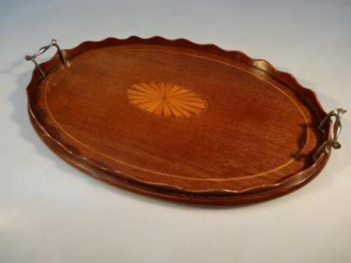 An Edwardian mahogany and shell inlay oval two-handled serving tray