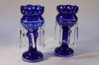 A pair of reproduction Bohemian glass blue table lustres