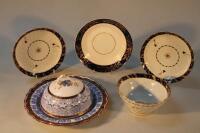 A late 18thC porcelain slop bowl and a pair of matching saucer dishes