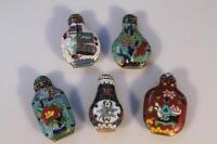 Five Chinese cloisonne snuff bottles.