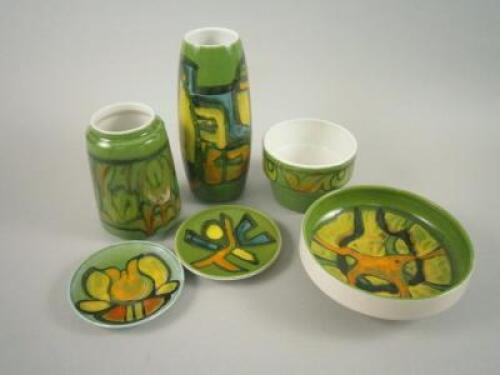 Six items of green glazed Poole pottery Delphis Ware