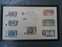 A framed and glazed collection of British bank notes