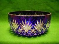 A Bohemian blue overlay glass fruit bowl