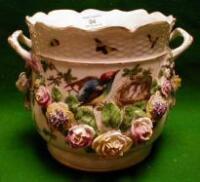 An early 20thC Dresden porcelain jardinaire with 2 gilt handles