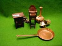 A qty dolls-house furniture and accessories including a high chair