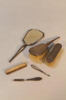 A George V silver Art Deco style engine turned part dressing table set