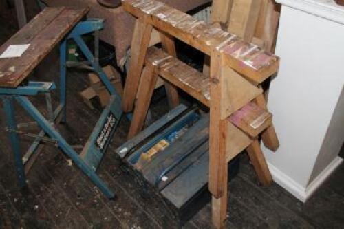 Two wooden bench saws and two tool boxes and contents.