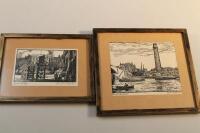 After Martin Frederick Hamlyn. Two framed woodcuts of London Bridge and the Old Shot Tower
