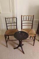 Two Victorian rush seated chairs and a modern wine table (3)