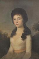 Follower of George Romney. Half length portrait of a young lady in a cream silk dress in a landscap