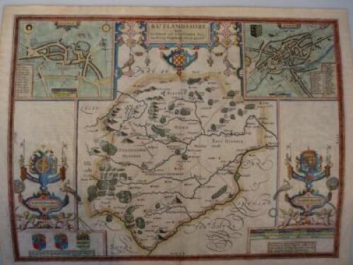 After John Speed. A hand coloured map of Rutlandshire with Oakham and Stamford