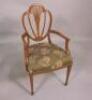A late 19thC satinwood and marquetry Sheraton revival open armchair