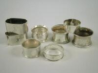 Eight various silver napkin rings