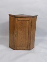 A small 19thC oak panelled corner cabinet