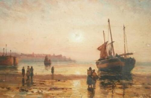 Duncan Fraser McLea (1841-1919). Fishing vessels and figures at low tide