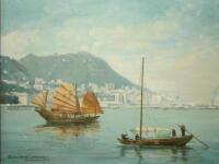 David Cheng (20thC). Sailing junk in Hong Kong harbour