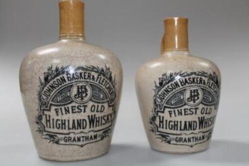 Grantham and whisky interest. Two stoneware whisky flagons for the Grantham retailer Johnson