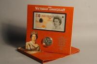 The Royal Mint 2001 Victorian Anniversary Silver Proof Crown and £10 bank note set.