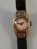 An Art Deco 18ct gold case ladies wristwatch with enamelled decoration