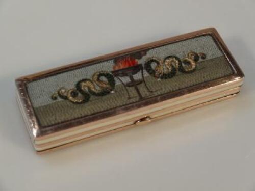 A late 19thC/early 20thC micro mosaic lidded box depicting a flaming brazier and two writhing snakes