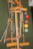 Croquet mallets and balls stamped Harrods & Jacques.