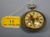A silver pair cased open face verge pocket watch