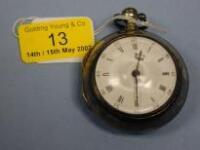 A silver pair cased open face verge pocket watch