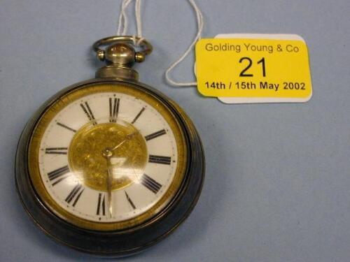 A silver pair cased open face verge pocket watch engraved gilt central