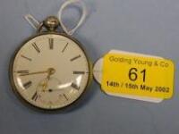 A silver open face pocket watch with white enamel dial