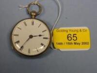 A small silver open face fusee pocket watch with white enamel dial (hairline crack)