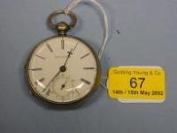 A silver open faced fusee pocket watch with white enamel dial