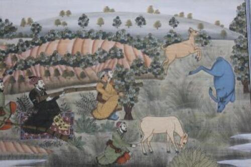 A 19th/20thC Indian painting on silk of a hunting party