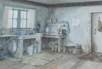 20thC School. Cottage interior scene with Belfast sink etc.