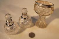 A silver mounted glass vase and a pair of scent flasks