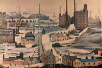 After L S Lowry. Town scene with figures