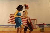 Irene Celic (20thC School). Man and woman with deck chairs by the seashore