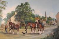 Ellery (20thC school). Farm horses through a village scene