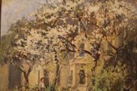 V.S. Pedden (20thC School). House and gardens with mother and children