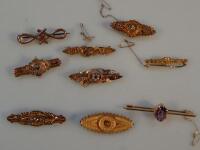 Nine Victorian stone set bar brooches