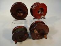 Four mahogany Nottingham style centre pin fishing reels