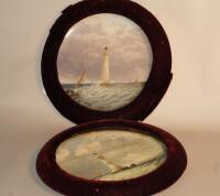 A pair of Victorian Devonware painted terracotta circular plaques in velvet mounts depicting Eddysto